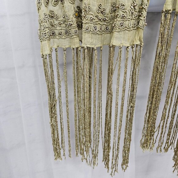 Green Boho Sheer Beaded Embroidered Shimmery Fringed Scarf - Picture 4 of 12